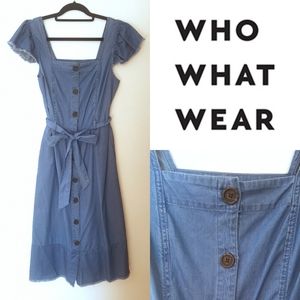 Who What Wear Denim Button Front Belted Midi Dress